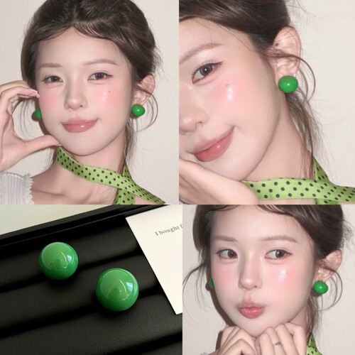 夏日氛围感绿色珠珠耳钉2025新款独特高级感圆珠耳环百搭清新耳饰