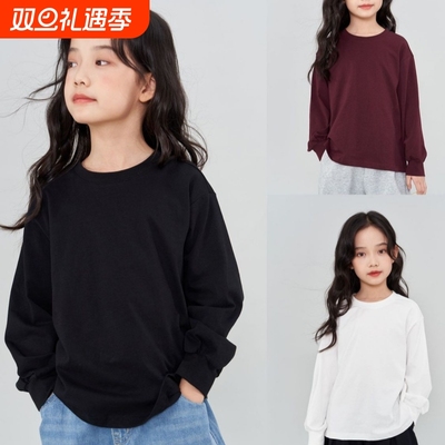 春秋季男女童长袖打底衫纯棉T恤中大女童长T纯色上衣内搭外穿棉T