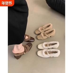 小香风高跟毛毛鞋女冬外穿2026新款伴娘加绒单鞋玛丽珍鞋内增高
