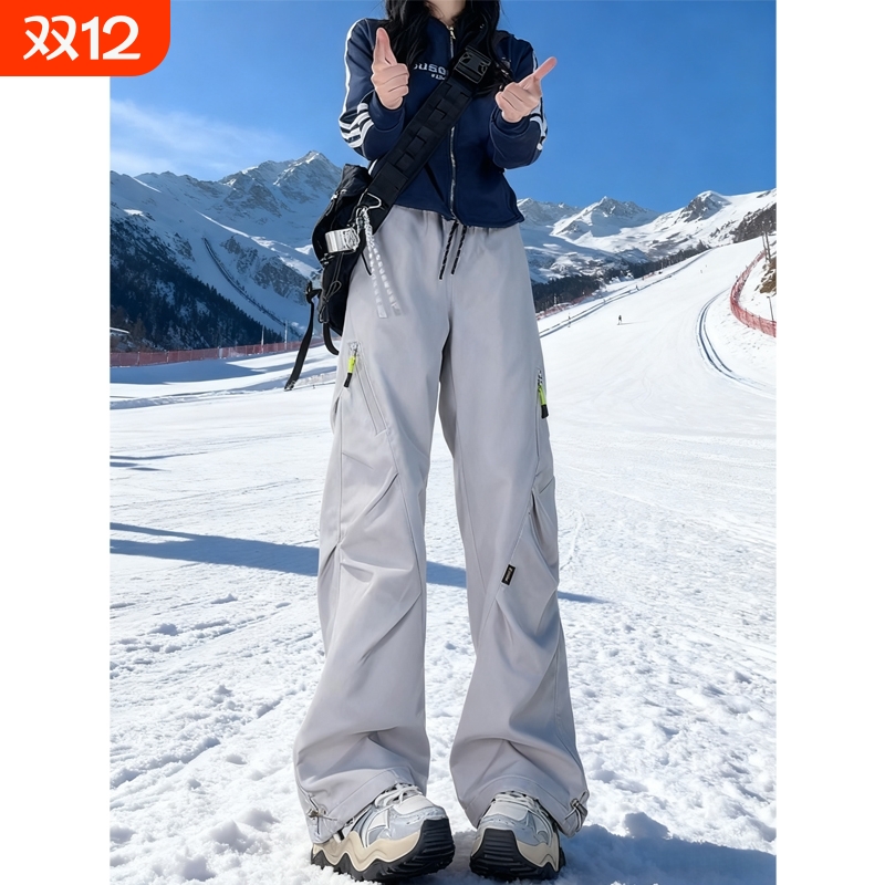 东北零下40滑雪裤男女秋冬加绒加厚褶皱伞兵工装裤户外登山裤子