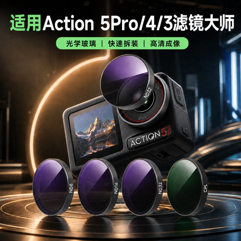 适用大疆action5pro滤镜高清CPL偏振镜运动相机action4/3黑柔nd滤镜ND8/16/32减光镜镜头增广UV运动相机配件