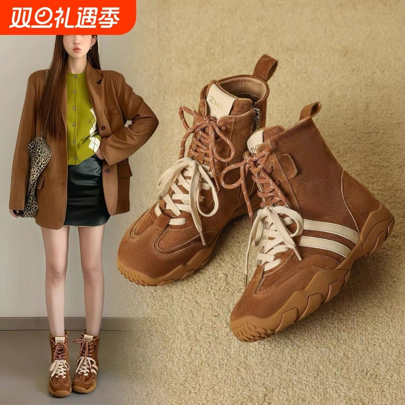 真皮短靴女马丁靴2025新款秋冬季内增高拳击靴厚底高帮德训鞋灰色