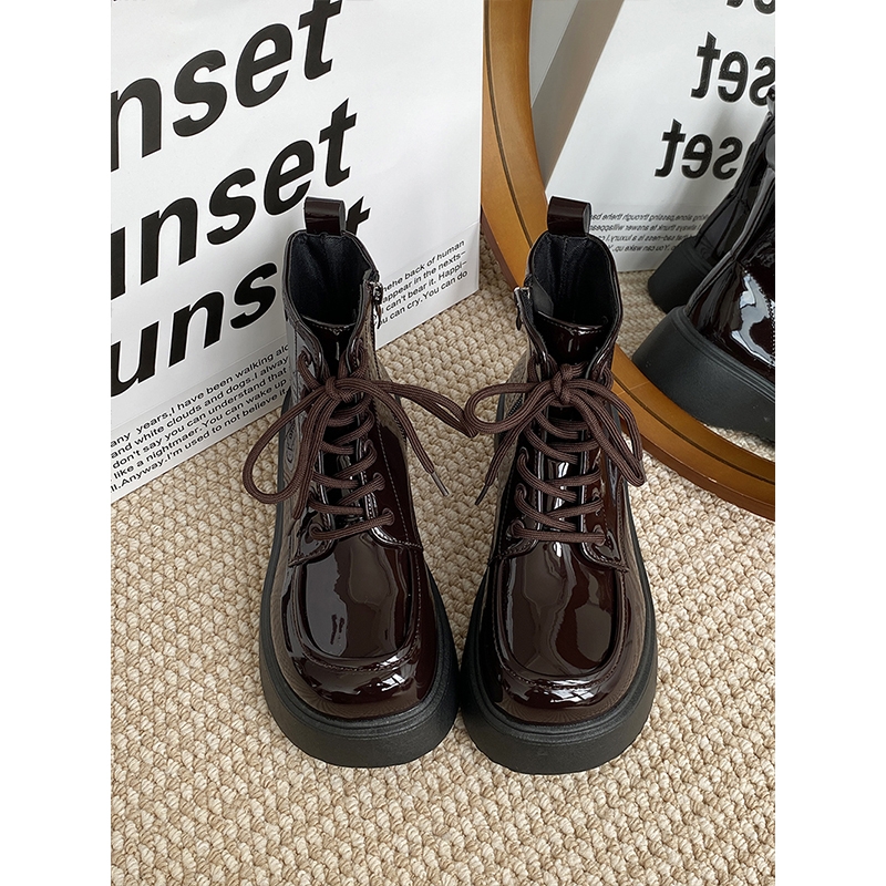 马丁靴女2025秋冬加绒新款ins英伦风厚底增高爆款短靴子黑色漆皮