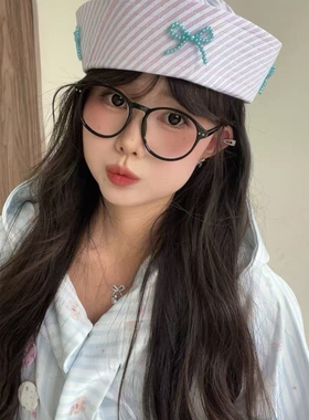 串珠蝴蝶结水手帽女条纹