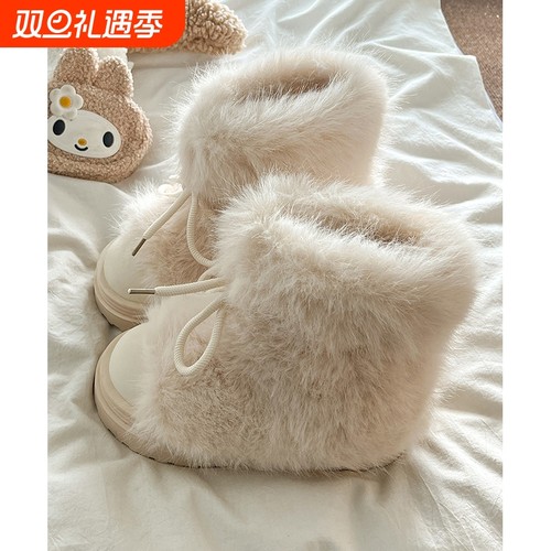 厚底白色毛毛雪地靴女2025秋冬季加绒加厚短靴保暖棉鞋子防水黑色