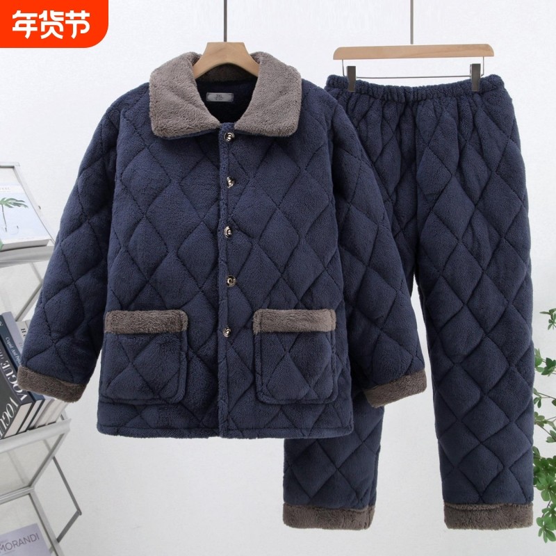 冬季男士夹棉睡衣法兰绒三层夹棉加厚保暖中老年人睡衣套装家居服,男装,中老年套装,淘宝优惠券,粉丝福利购,淘宝优惠卷