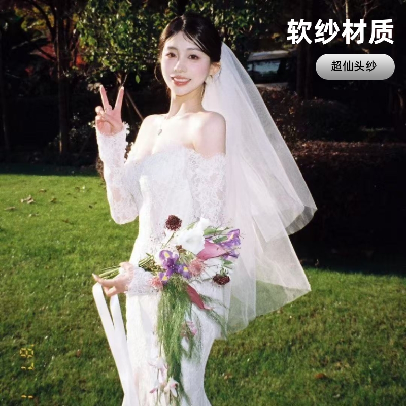 新娘求婚头纱超仙领证结婚短款头饰婚纱蓬蓬登记白色拍照道具简约