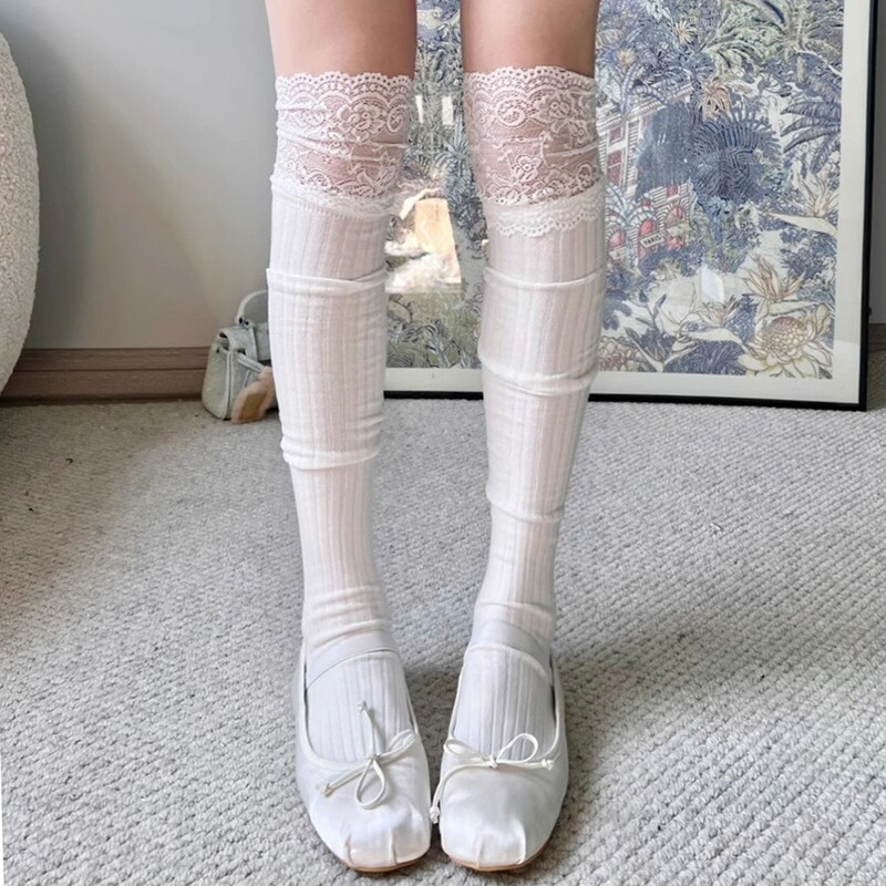 白色蕾丝过膝袜子女芭蕾风长筒袜ins潮jk花边大腿袜配长靴袜薄款