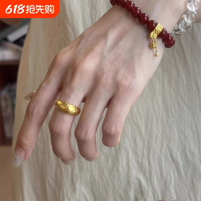 新中式古法锤纹戒指复古极简风时尚叠戴食指戒指环手饰品开口调节
