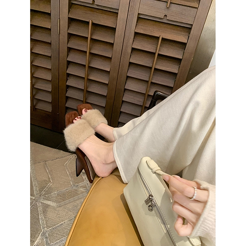 葡萄妈studiolee增高5cm~ 仙女风毛毛一字带方头异形坡跟拖鞋女