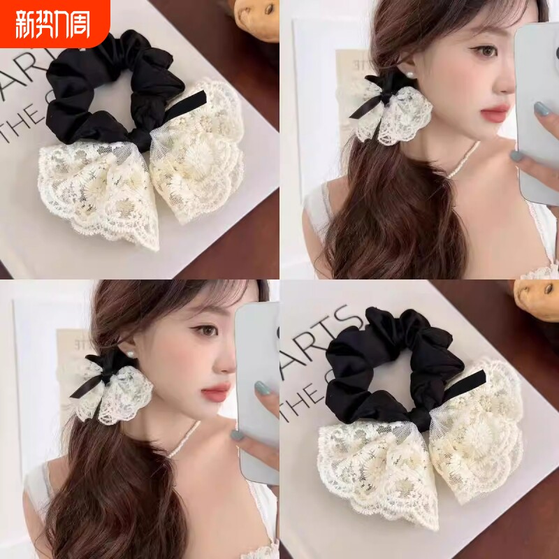 甜美蝴蝶结千金发圈女蕾丝双层温柔韩版皮筋时尚刺绣复古发绳气质