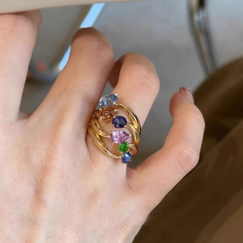 欧美多层一体彩宝戒指ins高级感设计轻奢闪钻镶嵌指环开口可调节