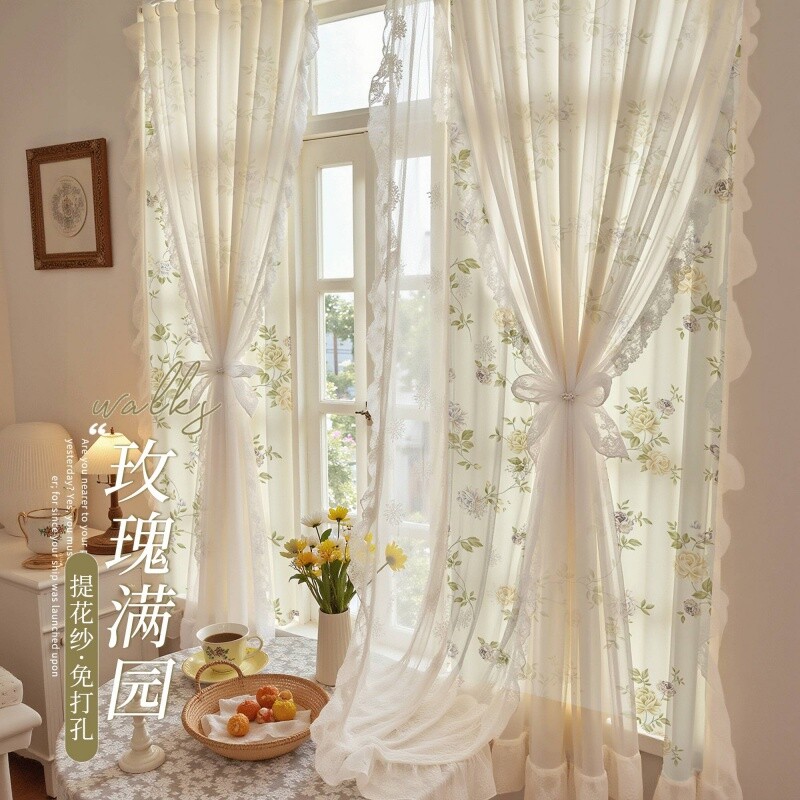 2026新公主风带纱遮光窗帘卧室客厅双层蕾丝免打孔安装家用出租屋