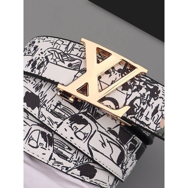 男仕网红流行新款男士皮带真皮百搭字母涂鸦自动扣学生腰带牛轻奢