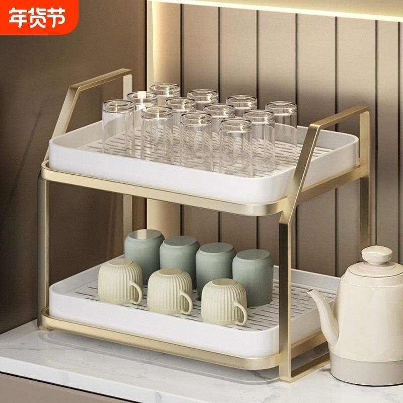 杯子收纳置物架杯架子放水杯茶杯茶具储物架桌面双层沥水托盘家用