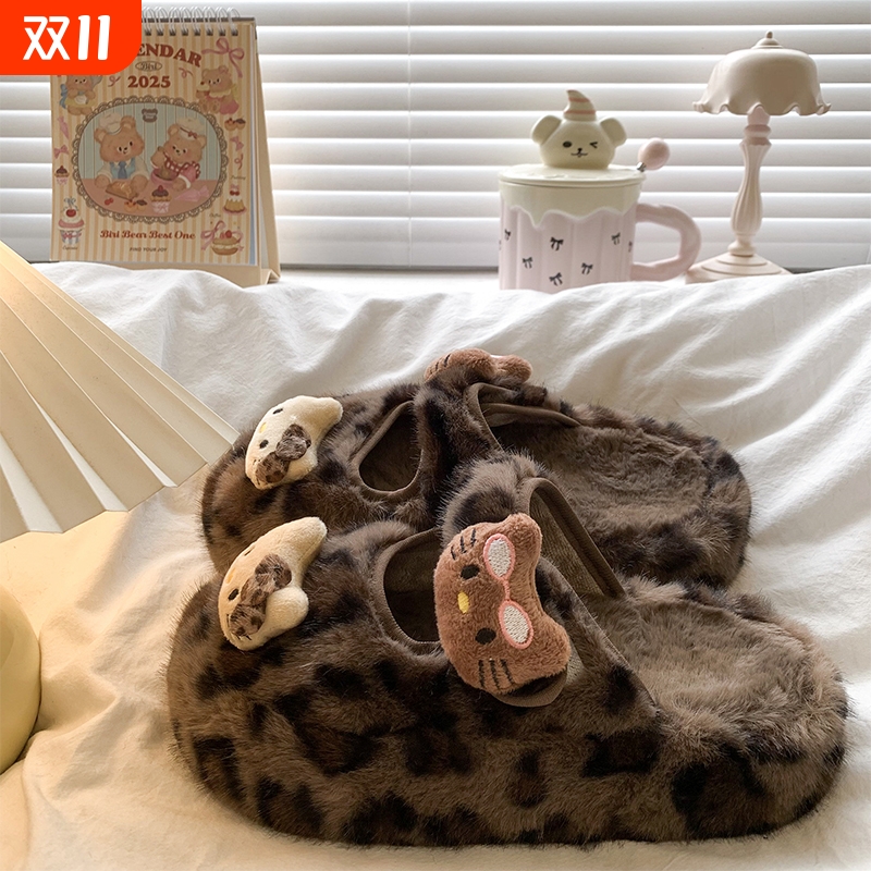 超火凯蒂猫包头半拖鞋女外穿2025秋冬新款厚底增高一脚蹬毛毛棉拖