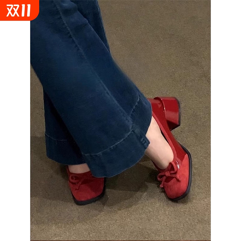 法式红色粗跟玛丽珍单鞋女2025年春夏新款芭蕾风蝴蝶结气质高跟鞋