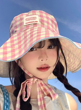 韩版格纹宽边系带渔夫帽女款夏季