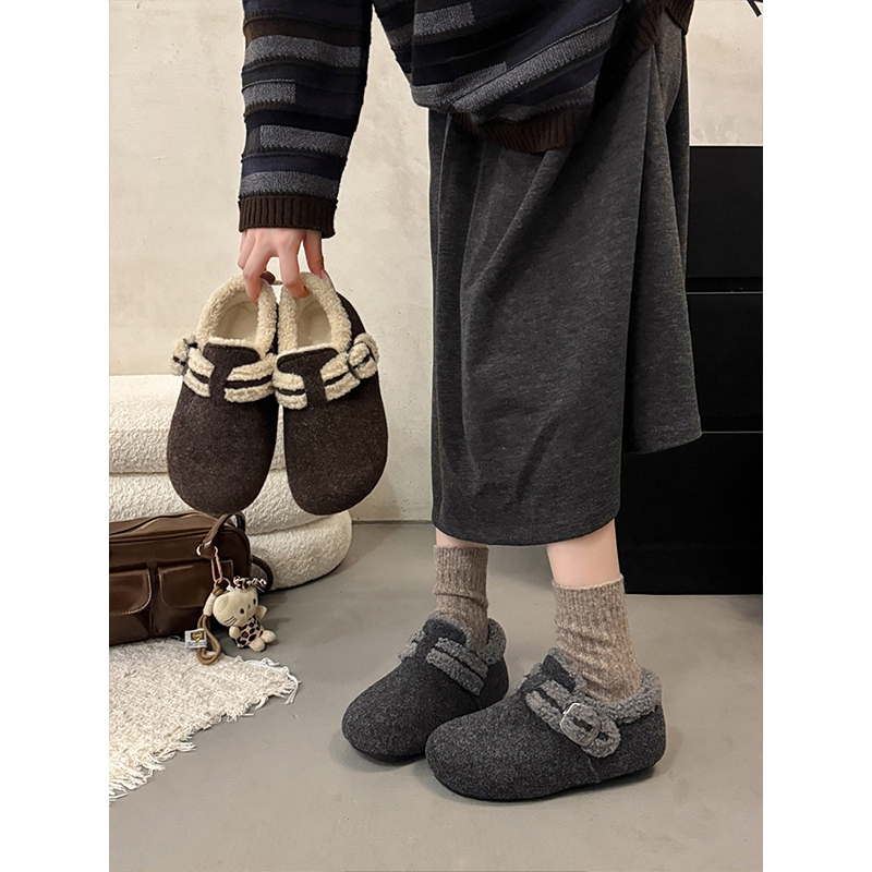 内增高厚底勃肯鞋女加绒灰色玛丽珍毛毛鞋秋冬季呢子保暖棉鞋咖色