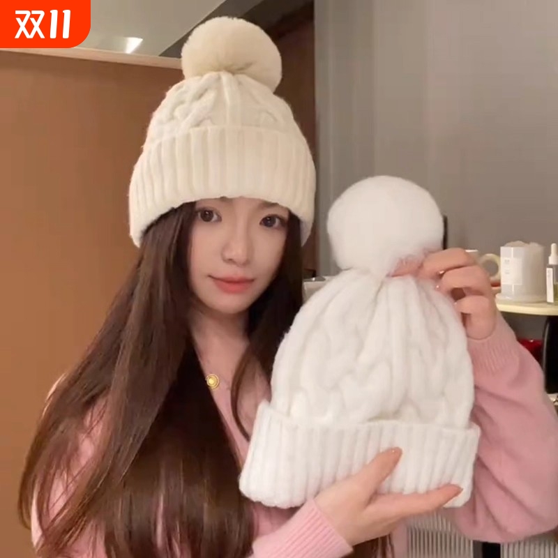 麻花毛线针织帽子女冬季保暖加绒加厚百搭套头帽防风护耳包头冷帽