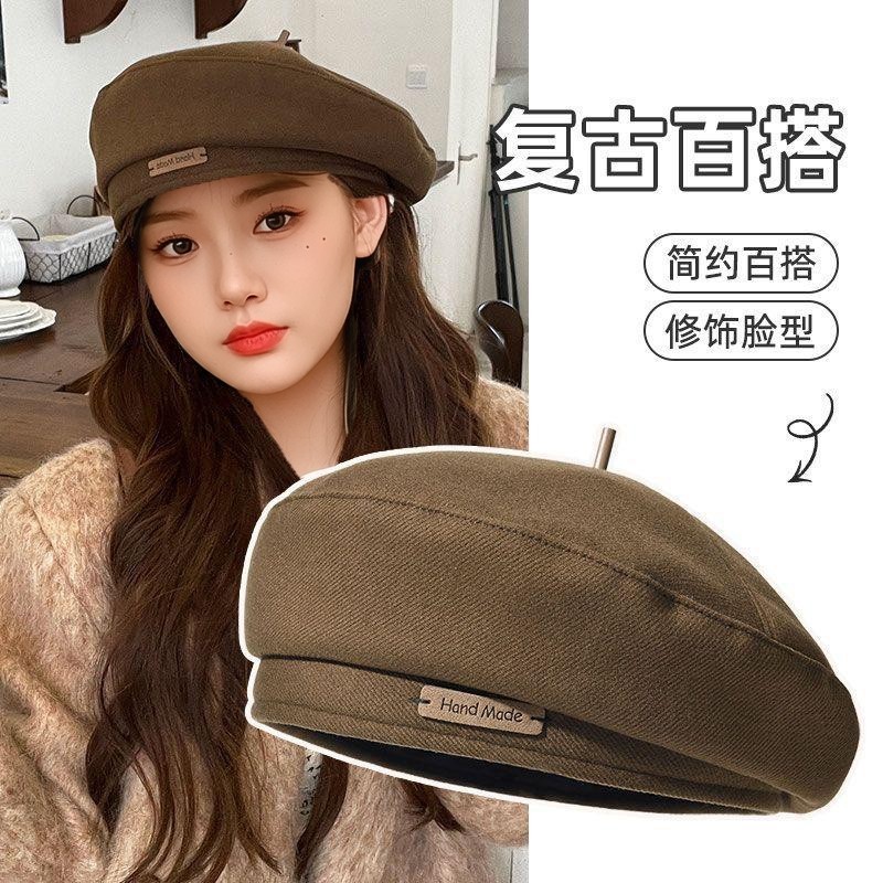 显脸小贝雷帽女秋冬大头围毛呢蓓蕾帽子棕色画家帽小头围八角帽