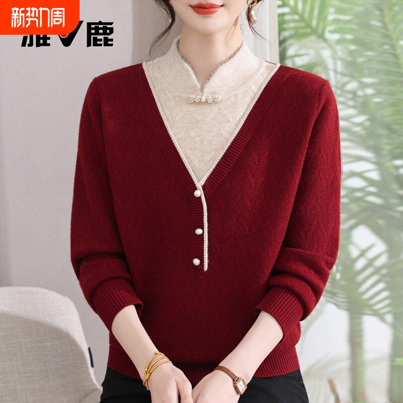 雅鹿妈妈冬装假两件加绒加厚毛衣打底衫保暖旗袍领针织上衣小个子