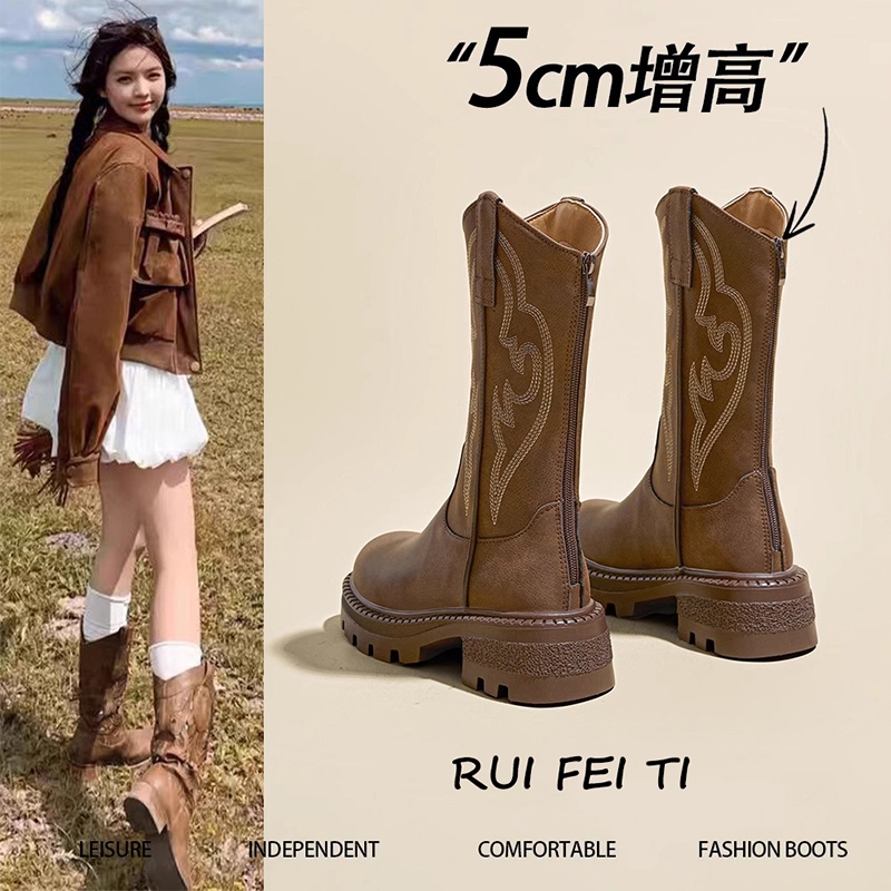 厚底西部牛仔靴女2025夏秋新款复古刺绣中筒靴沙漠短靴子棕色粗跟