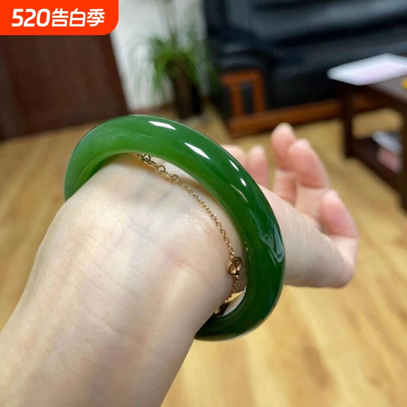 年轻款菠菜绿和田玉手镯女款胖圆条新疆仿玉镯冰种碧绿玉髓镯子