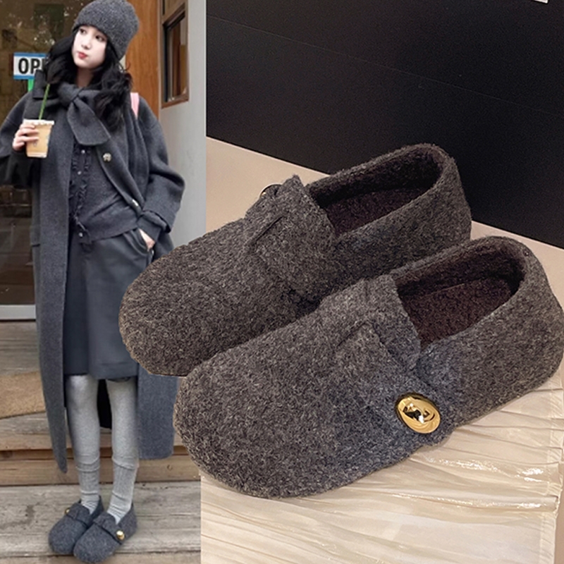 平底灰色毛呢全包勃肯鞋加绒2025新款秋冬豆豆鞋玛丽珍毛毛二棉鞋
