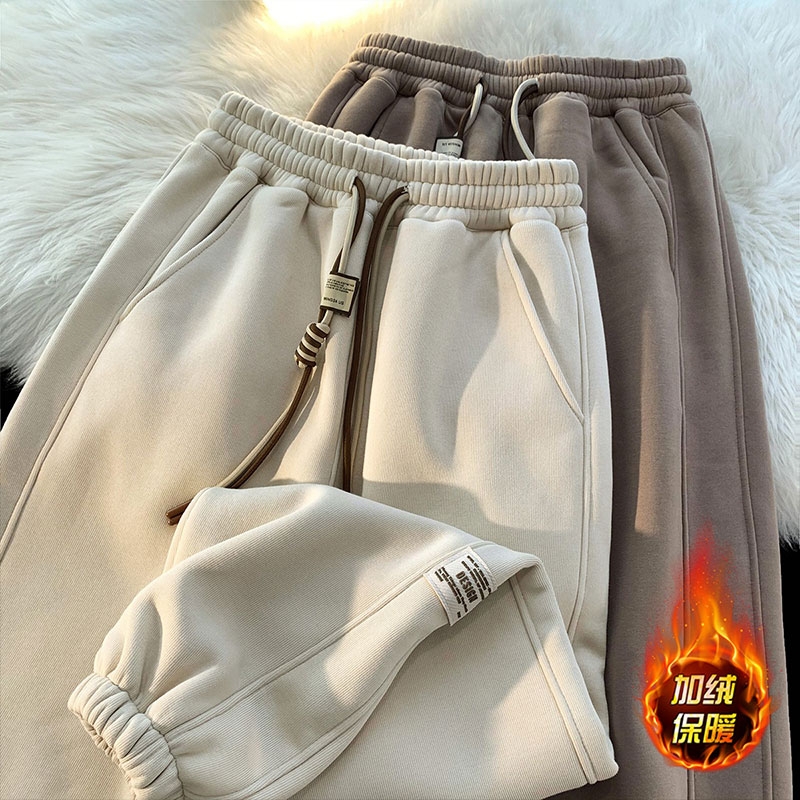 女童秋冬裤子2025男童洋气儿童卫裤女孩加绒加厚休闲运动裤米色