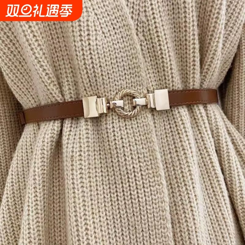 纯牛皮女士细腰带真皮金色扣头配裙子百搭连衣裙装饰收腰小皮带女