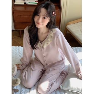 家居服套装 秋冬款 女士大码 长裤 睡衣女带胸垫一体羊绒蚕丝甜美长袖