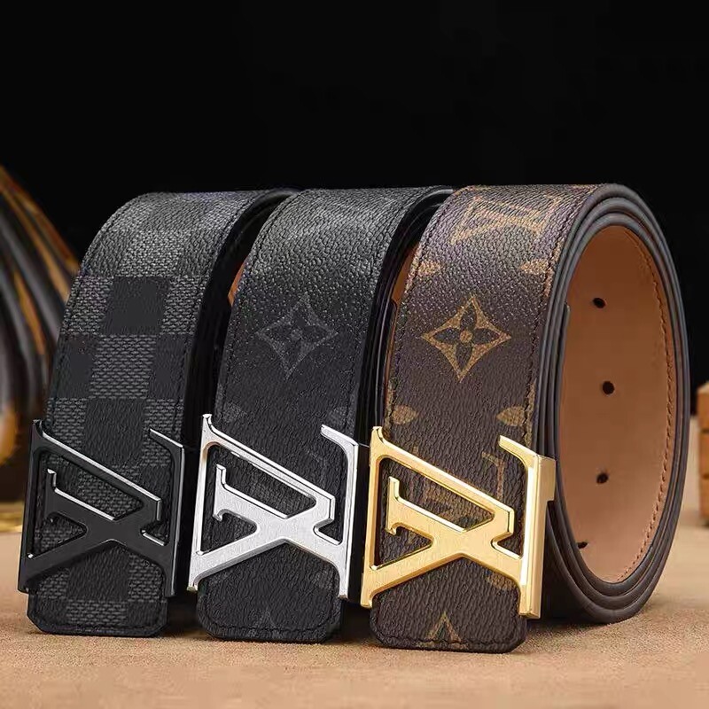 爱马男仕高档男士皮带真皮印花格纹平滑扣休闲名牌男款腰带内扣式