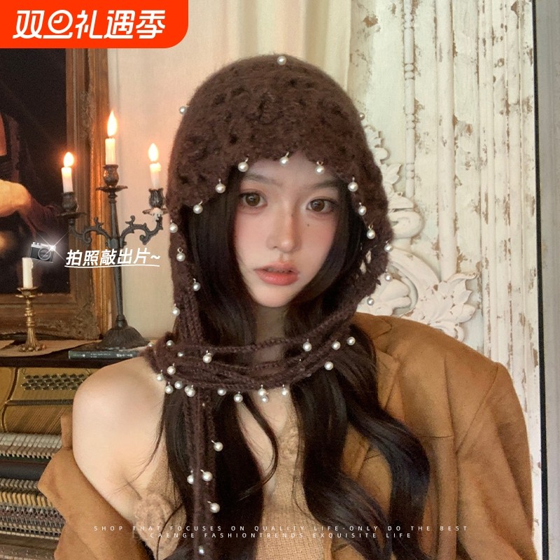 镂空手工针织包头帽子女民族风珍珠吊坠套头帽大头围毛线帽显脸小