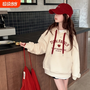 女童卫衣春装2026新款春季中大童连帽上衣女孩打底衫加绒红色白色
