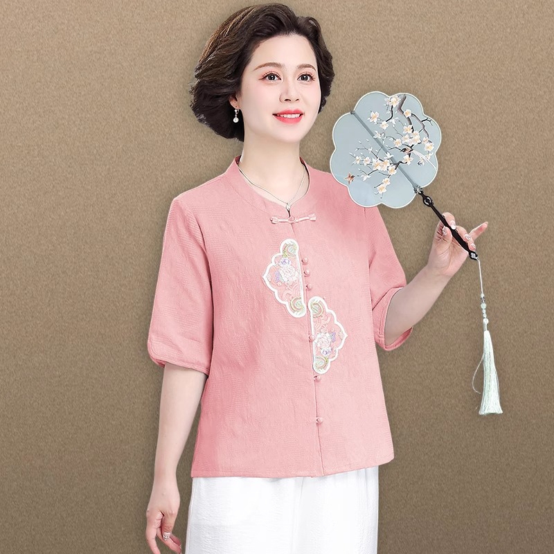 小个子妈妈夏季洋气衬衫盘扣上衣中老年人女纯棉套装短袖大码小衫