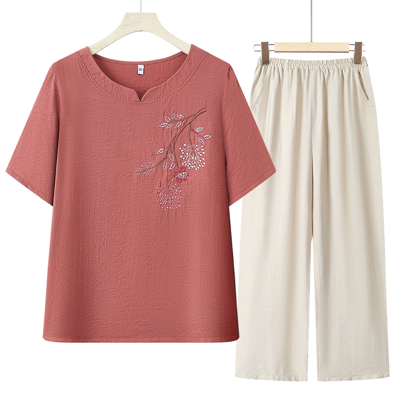 妈妈装夏季套装纯棉短袖中老年女宽松t恤两件套奶奶夏装老人衣服