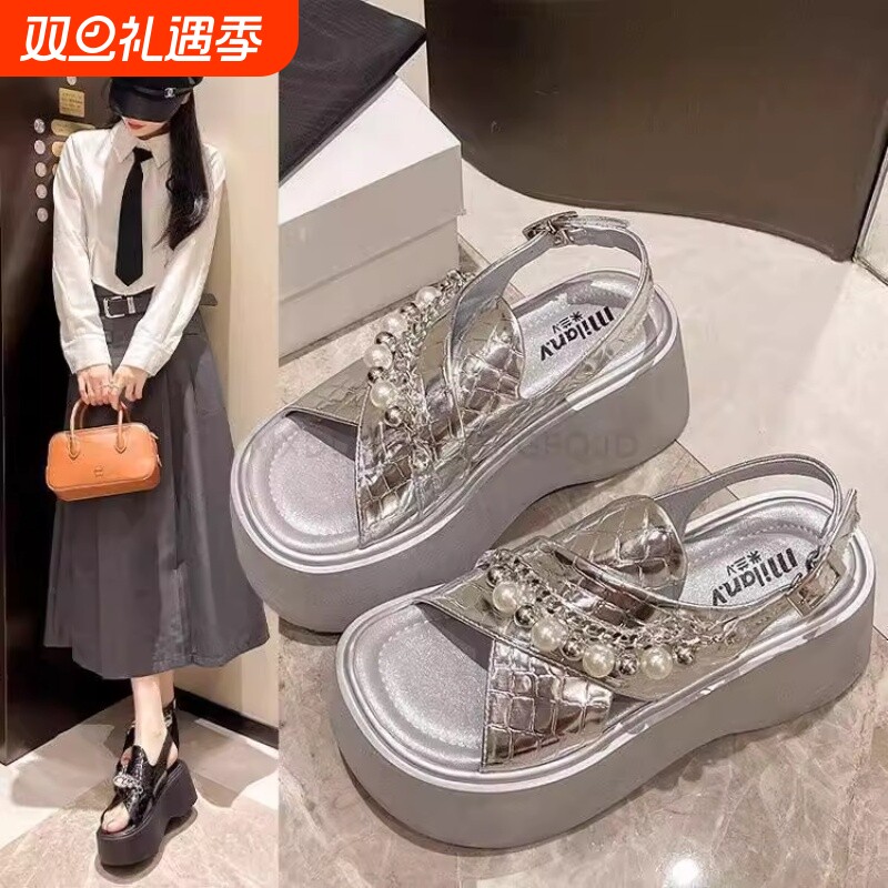 松糕厚底轻便增高女鞋子珍珠链条百搭漏趾潮2025夏季新款其他拖鞋