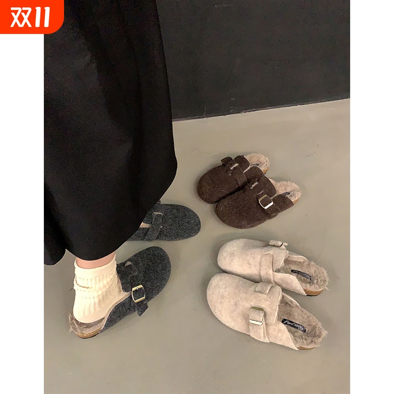 厚底毛毛鞋加绒保暖棉鞋包头半拖外穿羊绒呢子平底勃肯鞋女冬单鞋