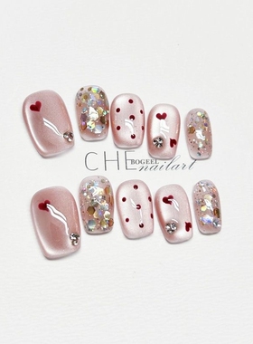 穿戴甲2026年短款手工新款猫眼高级感显白美甲法式中长款新年镶钻