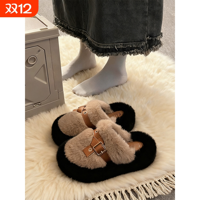 网红包头半拖鞋女外穿2025秋冬新款增高厚底毛毛鞋居家保暖棉拖