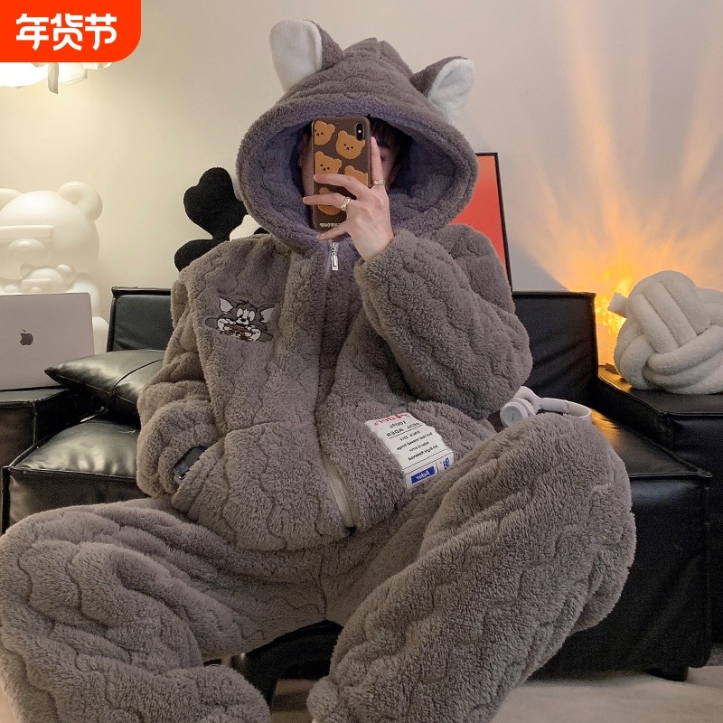 俞兆林男士睡衣秋冬季加绒加厚三层夹棉袄珊瑚绒青少年冬天家居服