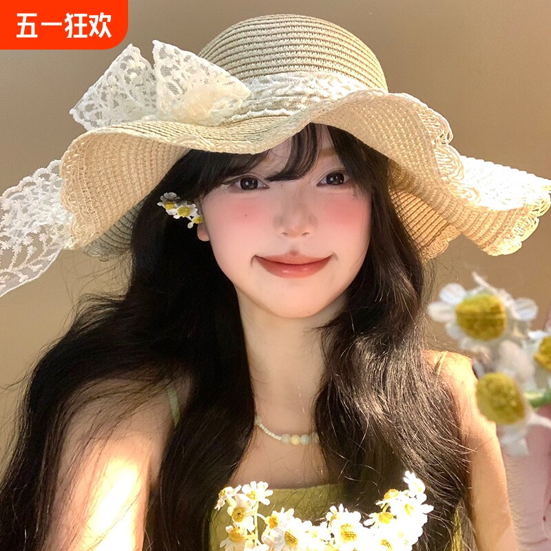 网红法式蕾丝蝴蝶结草帽海边沙滩太阳帽女2025新款大帽檐夏季遮阳