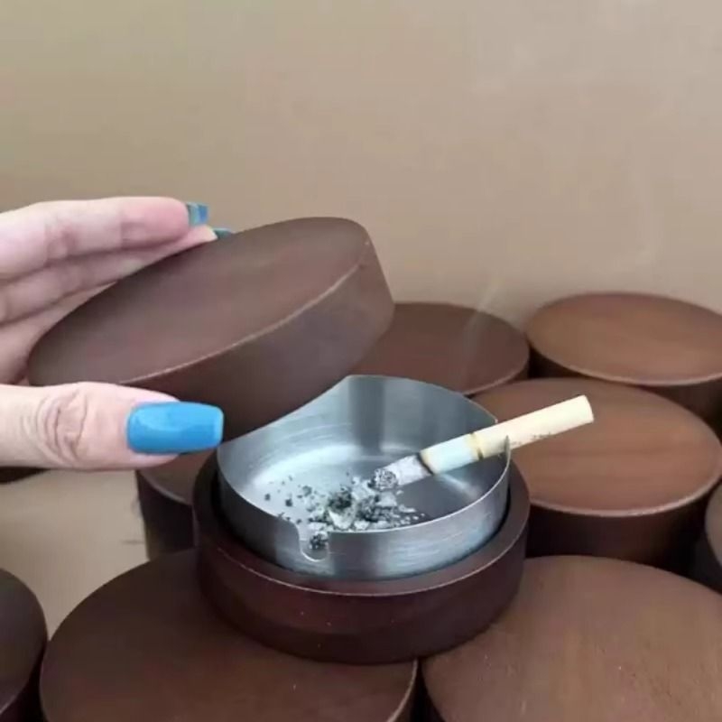 一诺厨房胡桃木带盖烟灰缸防飞灰不锈钢家用仿古客厅卧室复古灰缸
