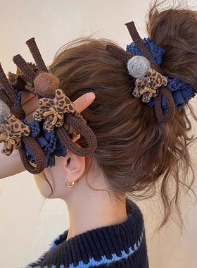 豹纹小熊毛球大肠发圈女高级感低马尾皮筋头花盘发丸子头绳发绳