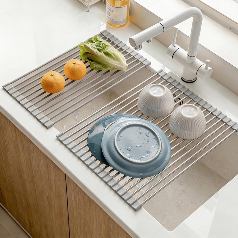 厨房水槽沥水架水池碗盘碗碟收纳置物架硅胶卷帘折叠沥水帘可伸缩