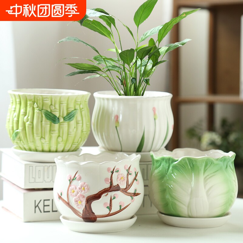 花盆陶瓷家用多肉花盆大号特大号特价清仓带托盘创意吊兰绿萝陶土图片
