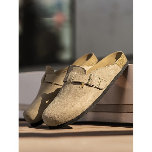 真皮勃肯拖鞋男一脚蹬透气外穿软底半拖厚底懒人包头拖支撑单鞋