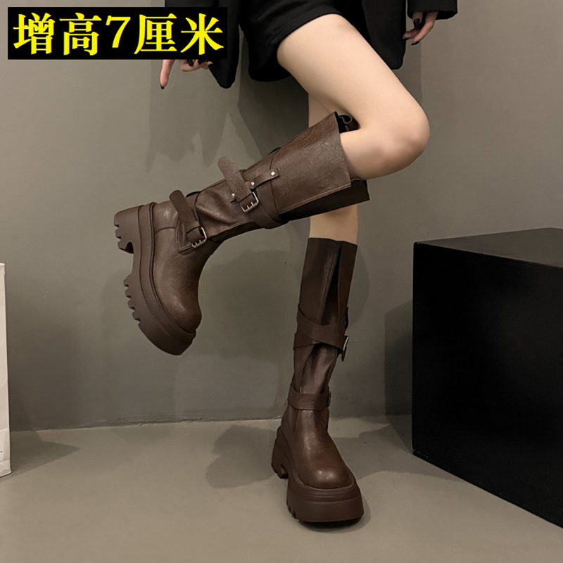 7cm厚底长筒靴女款2025新款秋季棕色靴子美拉德骑士靴高筒瘦瘦靴