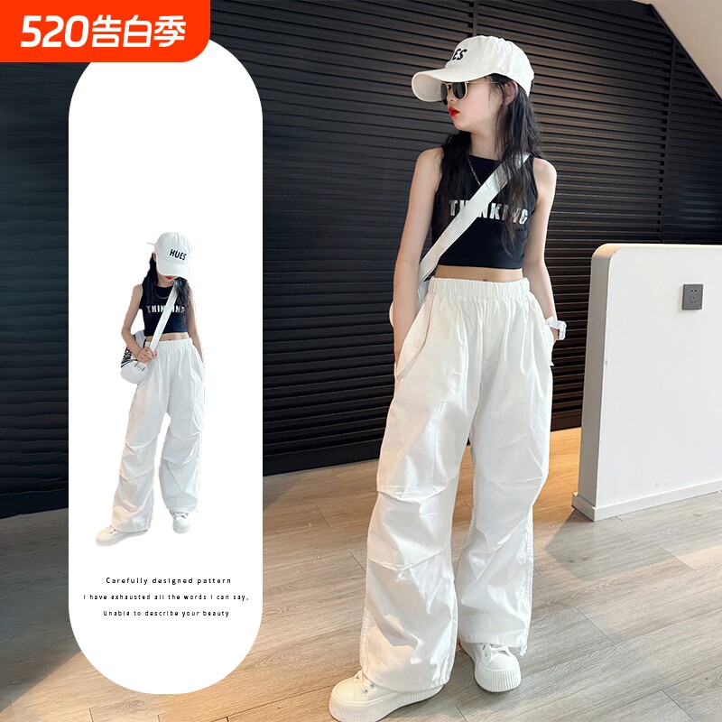 白色工装裤女童韩版透气裤子夏装薄款2025新款夏季速干裤大套装